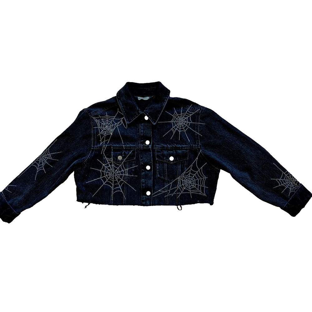 Zara Black Rhinestone Spiderweb Cropped Denim Jacket Goth Alt Y2K Medium - Picture 2 of 8